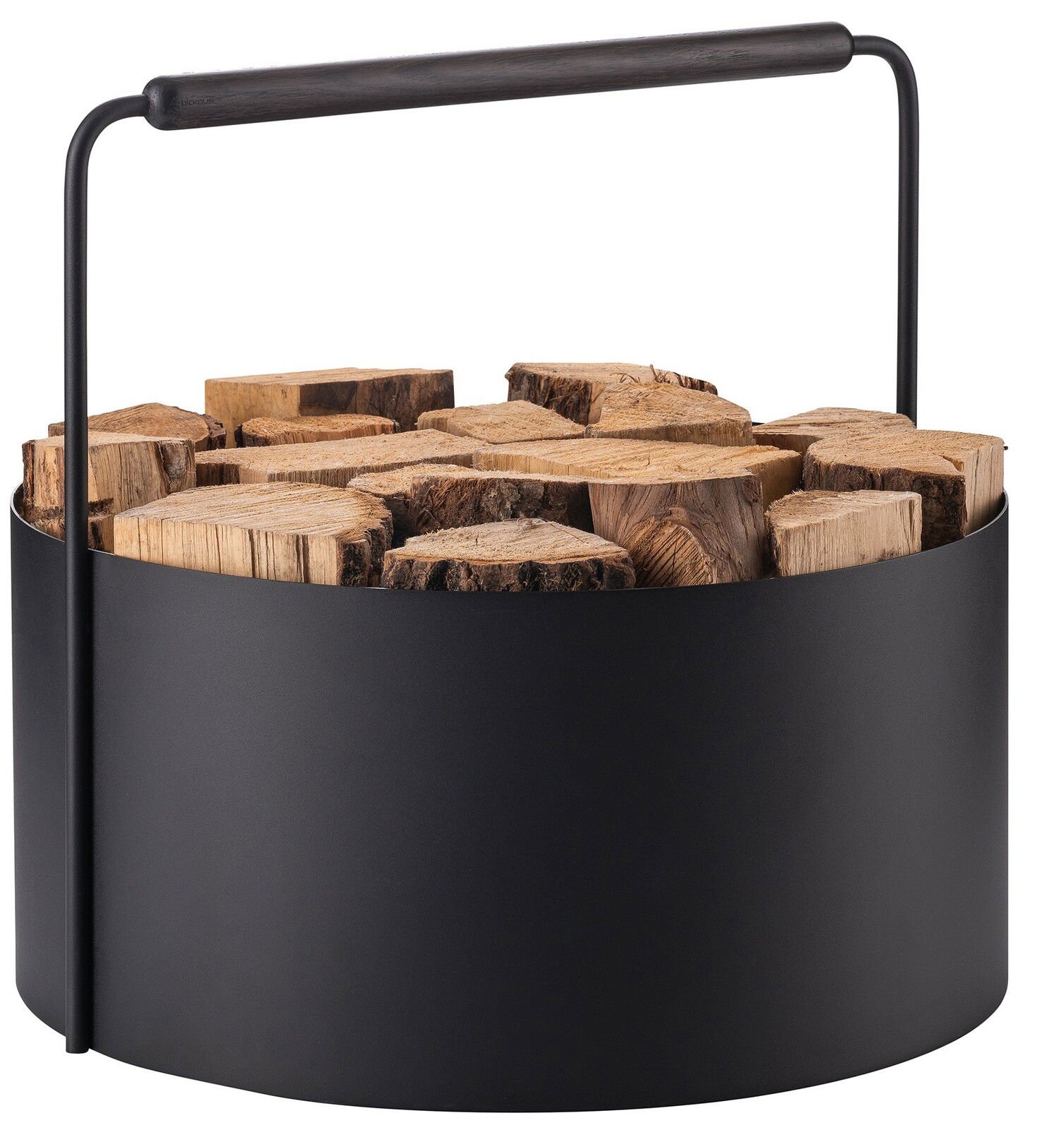 Moderner Feuerholz-Korb Ashi aus schwarzem Metall mit Holzgriff, gefüllt mit Holzscheiten, seitliche Perspektive