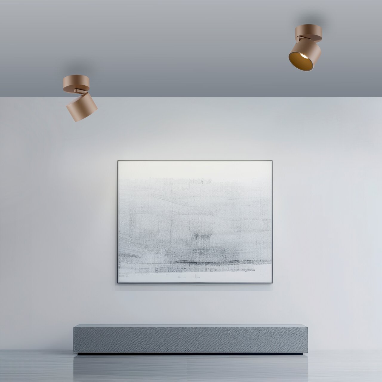 Zwei moderne LED-Spots an der Decke in einem minimalistischen Raum, seitliche Perspektive.