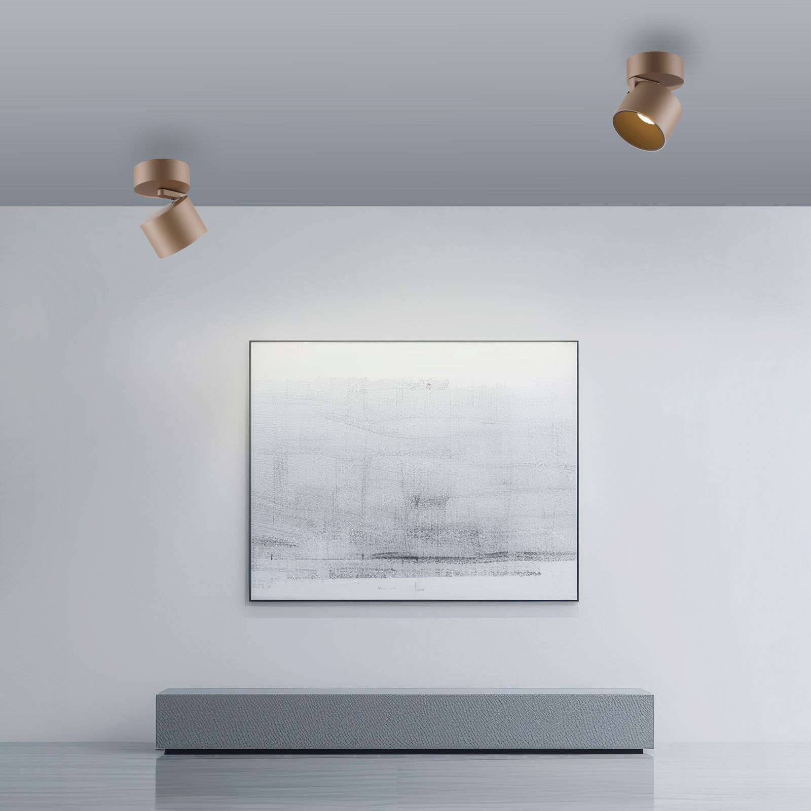 Zwei moderne LED-Spots an der Decke in einem minimalistischen Raum, seitliche Perspektive.