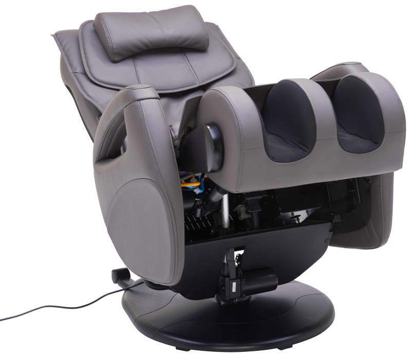 Massagesessel in seitlicher Perspektive mit hochgeklappter Beinauflage und sichtbarer Mechanik