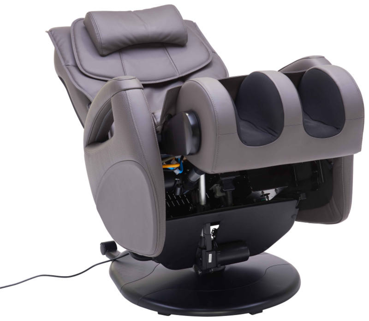 Massagesessel in seitlicher Perspektive mit hochgeklappter Beinauflage und sichtbarer Mechanik