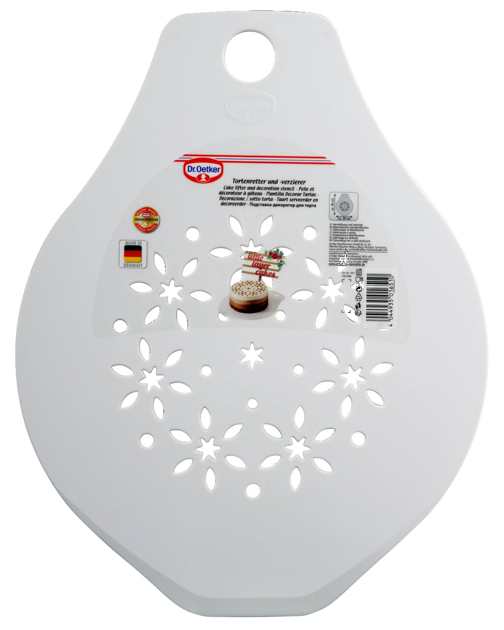 Tortenretter und -verzierer von oben mit dekorativem Muster und Griffloch.