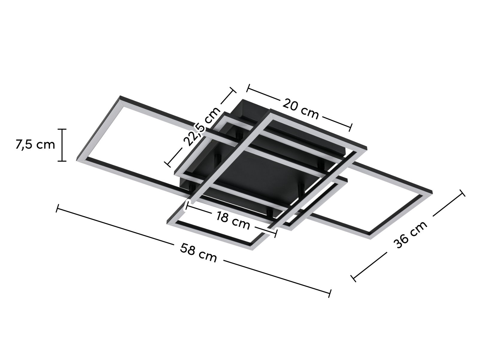 Moderne LED-Deckenleuchte mit geometrischem Design, seitliche Perspektive, Maße: 58 cm x 36 cm x 7,5 cm.