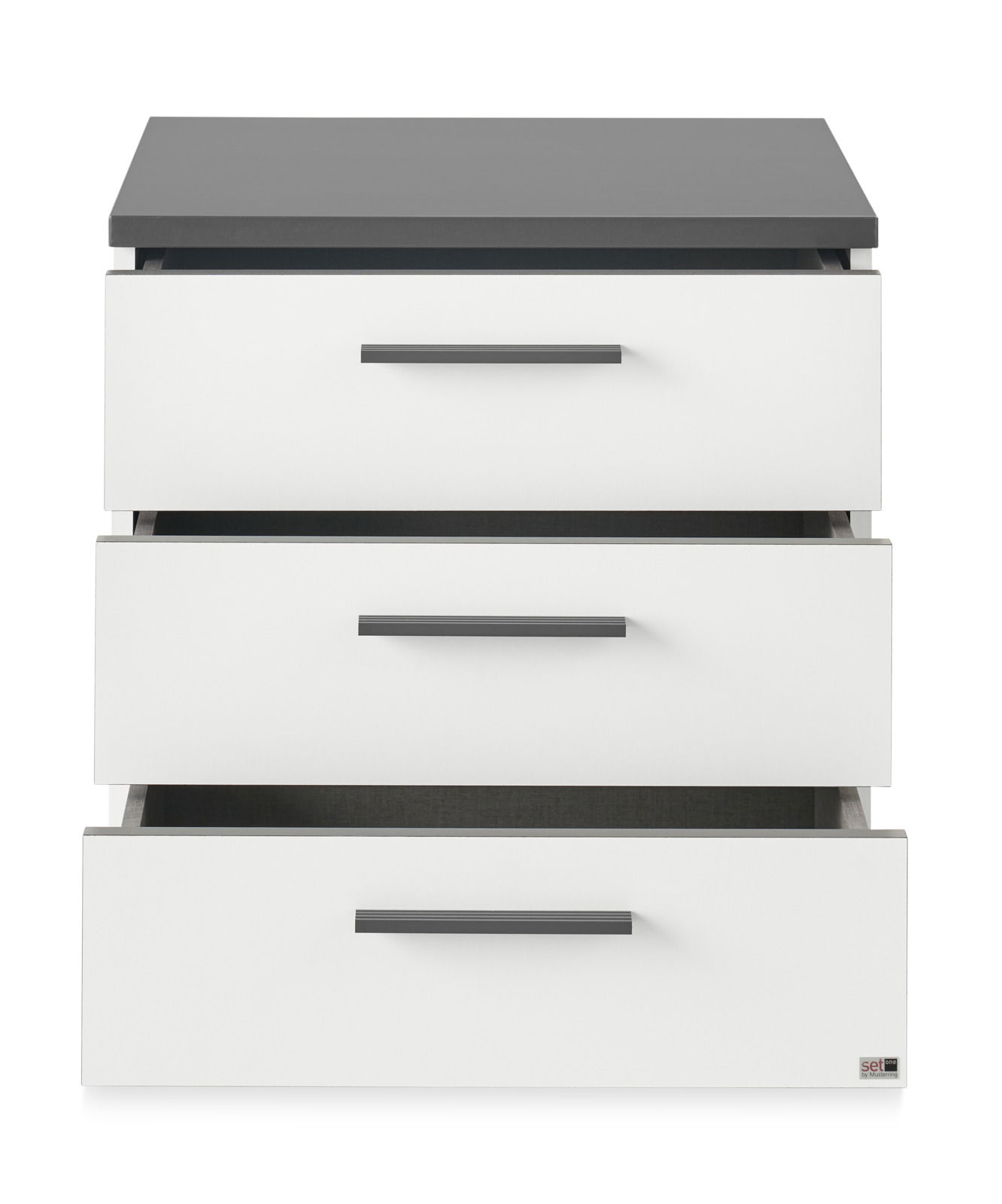 Moderne Nachtkommode mit drei Schubladen in Weiß und grauer Oberfläche, frontale Ansicht