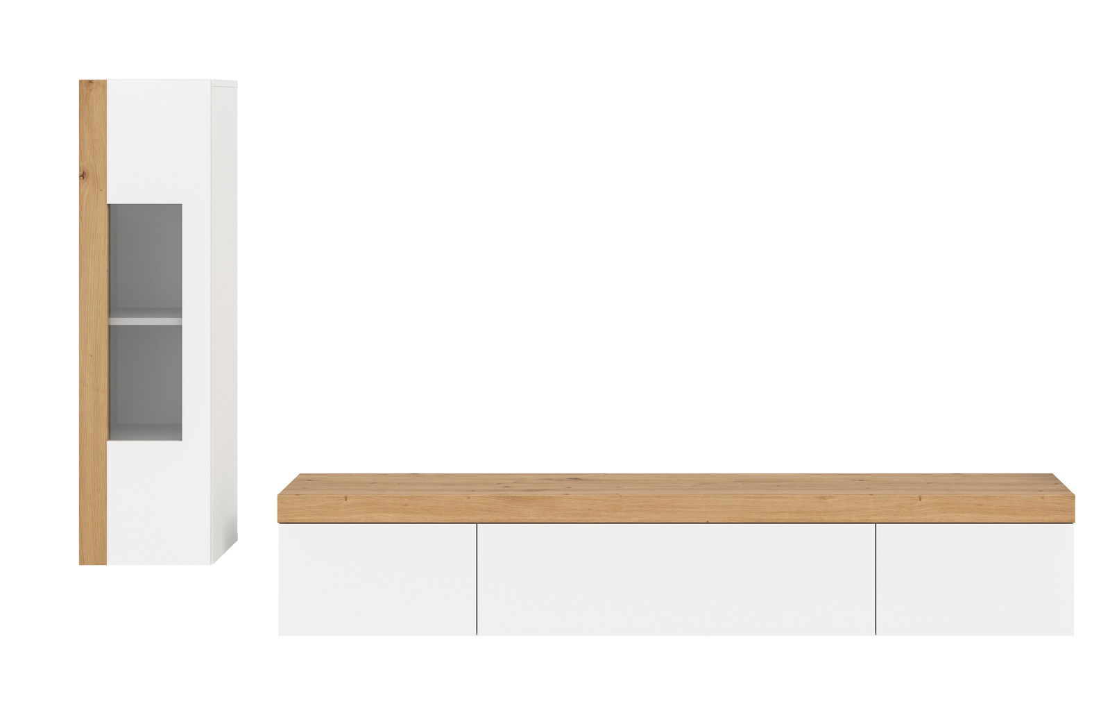 Wohnkombination in modernem Design mit weißem Korpus und Holzdetails, bestehend aus einem hohen Schrank mit Glaseinsatz und einem niedrigen TV-Board, Frontalansicht.