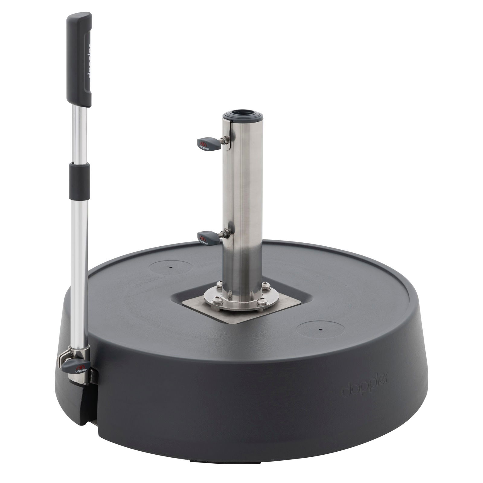 Rollsockel Easy Move Switch in seitlicher Perspektive mit Griff und Edelstahlrohr.