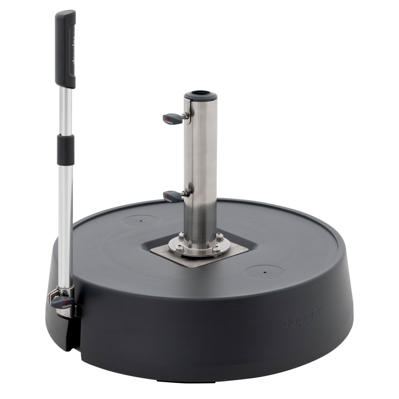 Rollsockel Easy Move Switch in seitlicher Perspektive mit Griff und Edelstahlrohr.