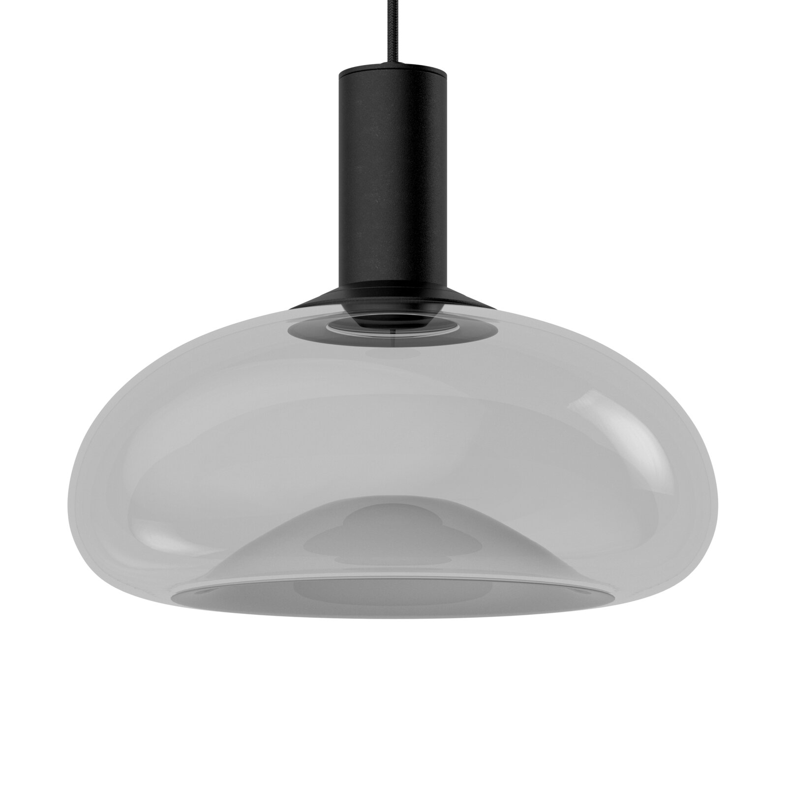 Moderne Hängeleuchte mit transparentem, gewölbtem Glasschirm und schwarzem Zylinderaufsatz, Ansicht von unten.
