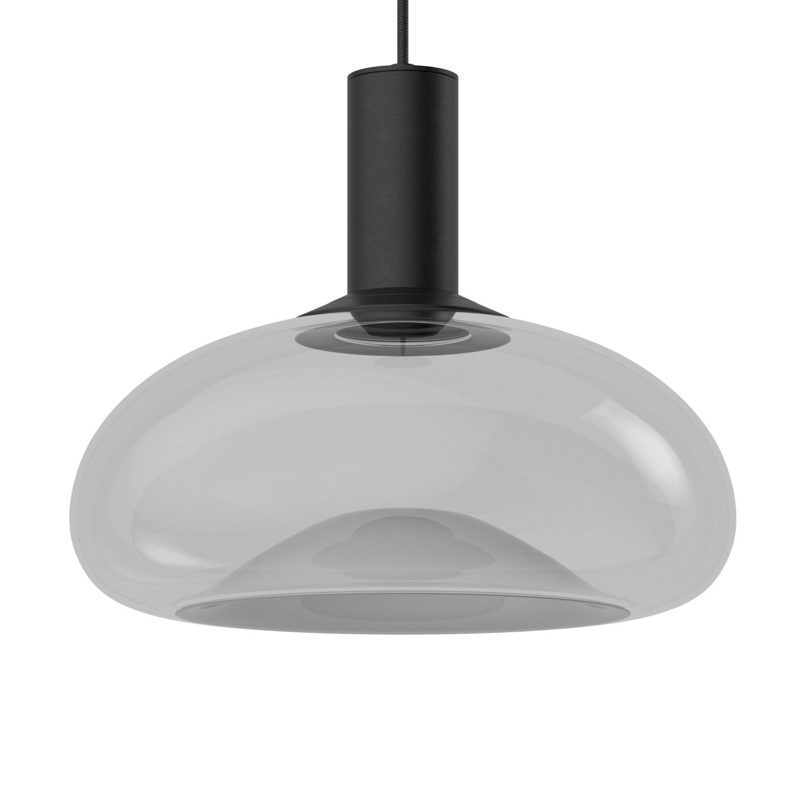 Moderne Hängeleuchte mit transparentem, gewölbtem Glasschirm und schwarzem Zylinderaufsatz, Ansicht von unten.