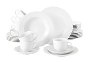 Kombiservice Rondo Weiß 30-tlg, bestehend aus Tellern, Tassen und Untertassen, in einer seitlichen Perspektive.