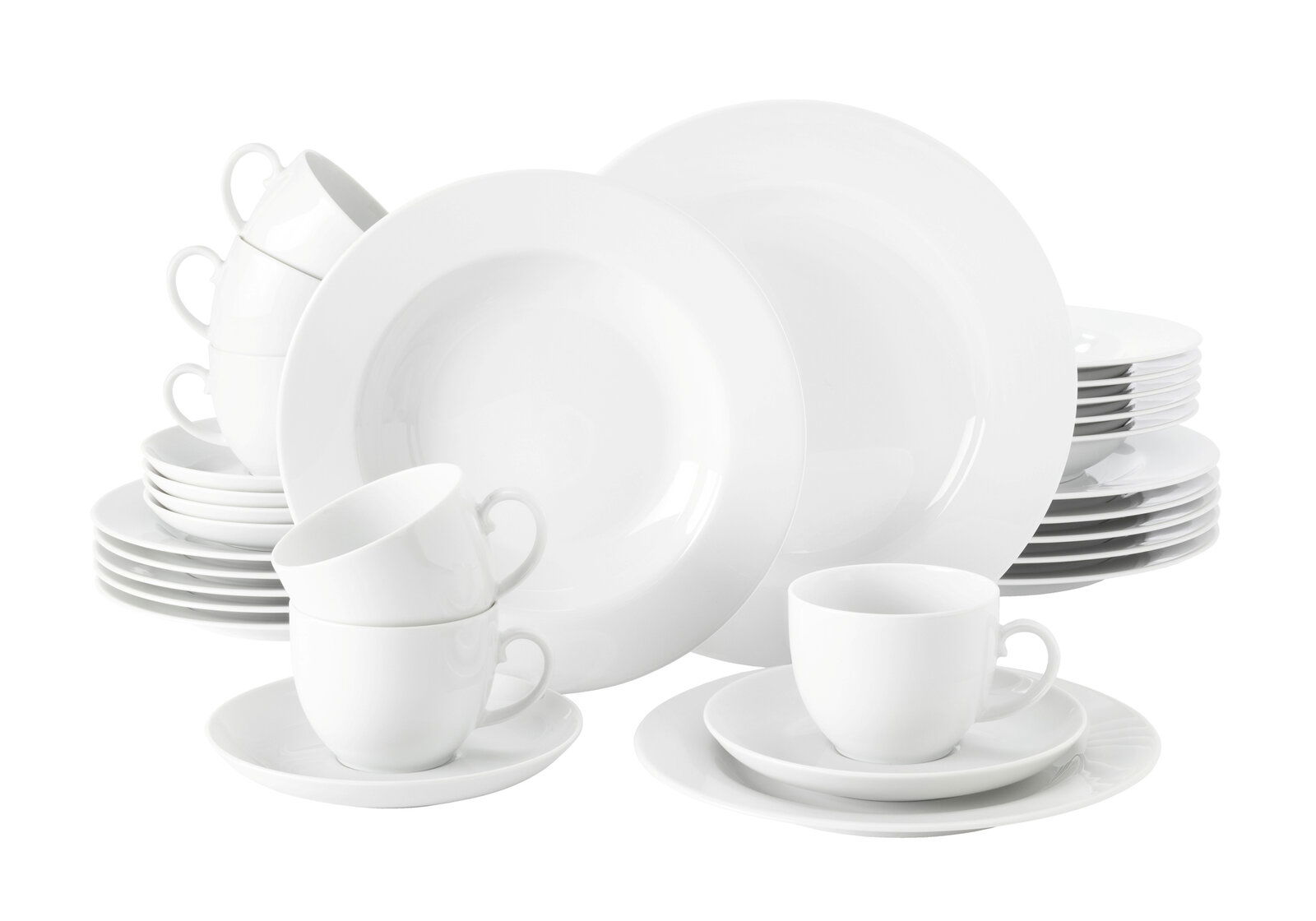 Kombiservice Rondo Weiß 30-tlg, bestehend aus Tellern, Tassen und Untertassen, in einer seitlichen Perspektive.