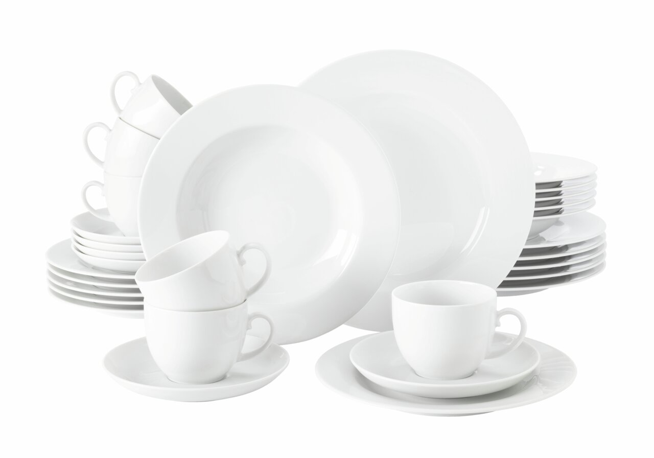 Seltmann Weiden Kombiservice 30-tlg. RONDO Kombiservice Rondo Weiß 30-tlg, bestehend aus Tellern, Tassen und Untertassen, in einer seitlichen Perspektive.
