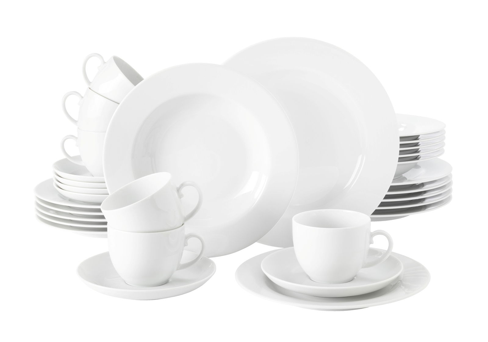 Kombiservice Rondo Weiß 30-tlg, bestehend aus Tellern, Tassen und Untertassen, in einer seitlichen Perspektive.