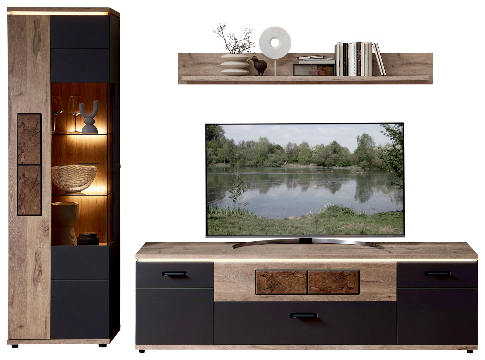 Stylife Wandkombination SINA Wohnwand im modernen Design mit TV-Lowboard, hohem Vitrinenschrank mit LED-Beleuchtung und Wandregal in Holzoptik und mattem Dunkelgrau, frontal aus leichter Perspektive von vorn aufgenommen