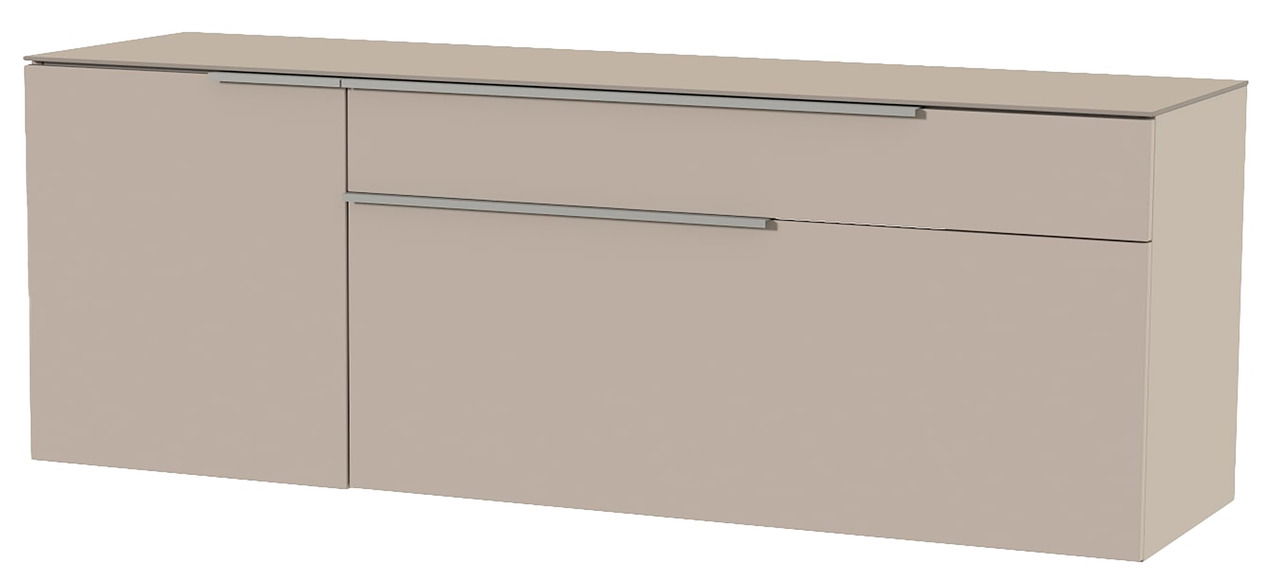 Beiges Hänge-Lowboard mit zwei Schubladen und einer Tür, seitliche Perspektive