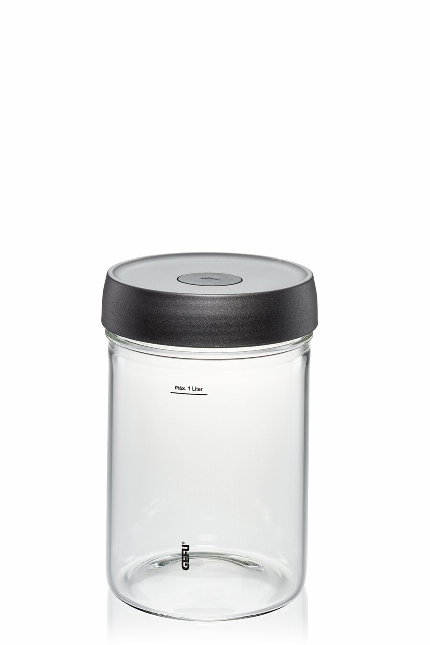 Glazen pot met zwarte deksel, max. 1 liter, zijaanzicht