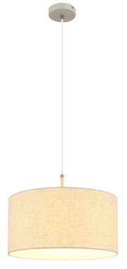 Hängeleuchte mit rundem, beigem Stoffschirm, von unten betrachtet