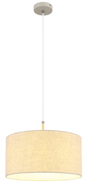 Hängeleuchte mit rundem, beigem Stoffschirm, von unten betrachtet