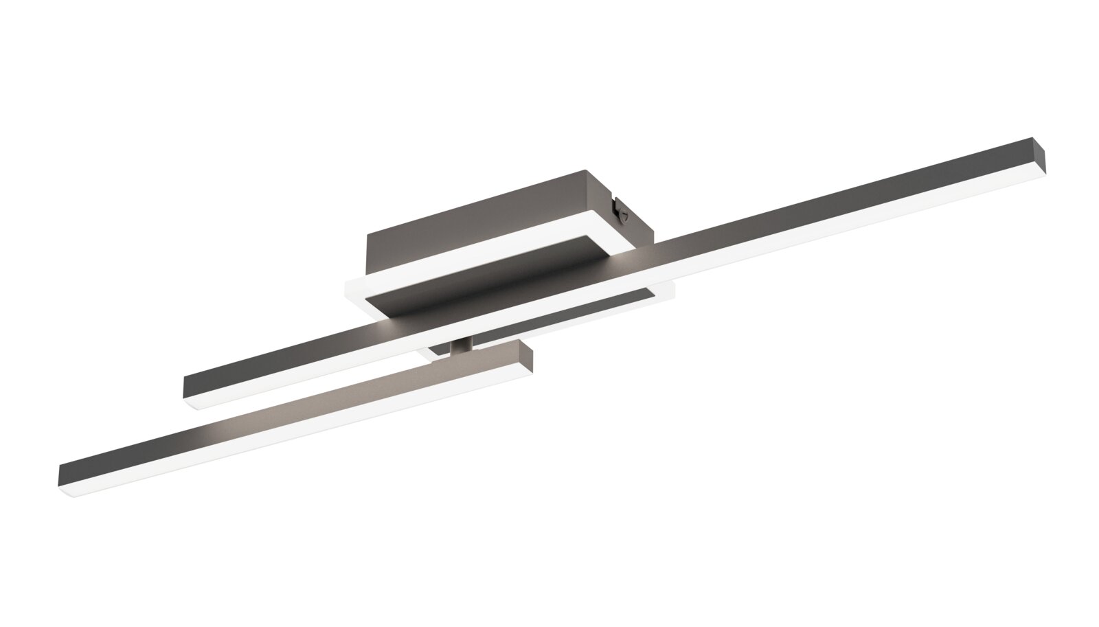 Moderne LED plafondlamp in antraciet met twee lange, parallelle lichtbalken en rechthoekige plafondplaat, schuin van onderen gezien op witte achtergrond