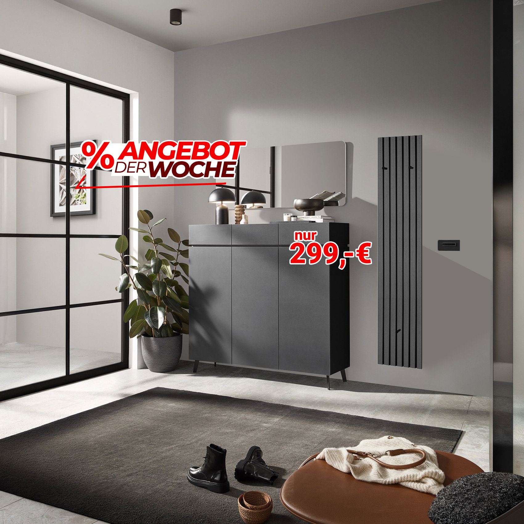 Moderner Flur mit schwarzem Sideboard und Heizkörper im Angebot für 299 €.