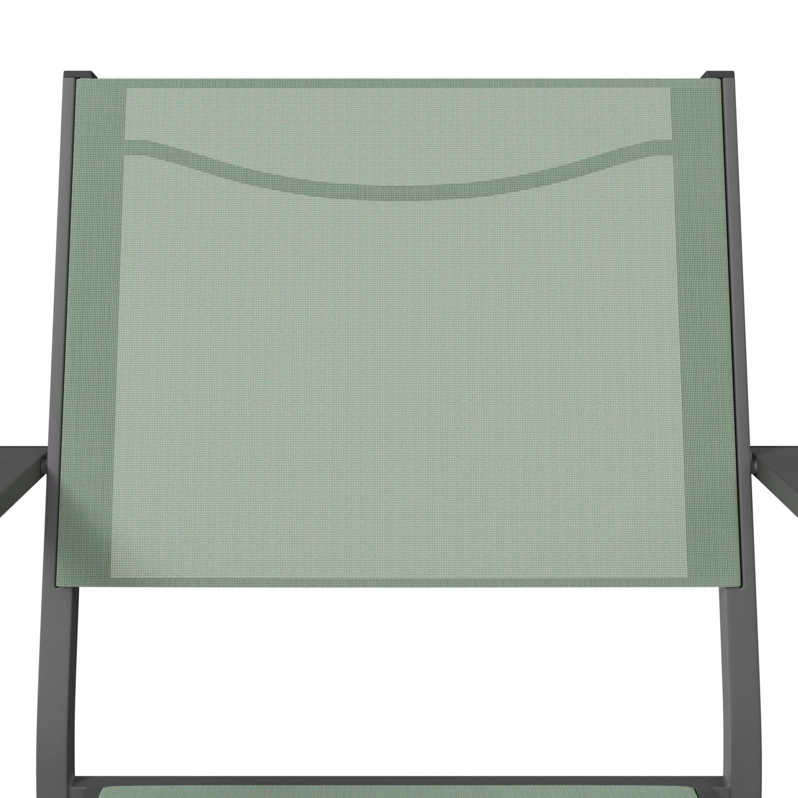 Vorderansicht eines grünen Stapelsessels mit Metallrahmen.