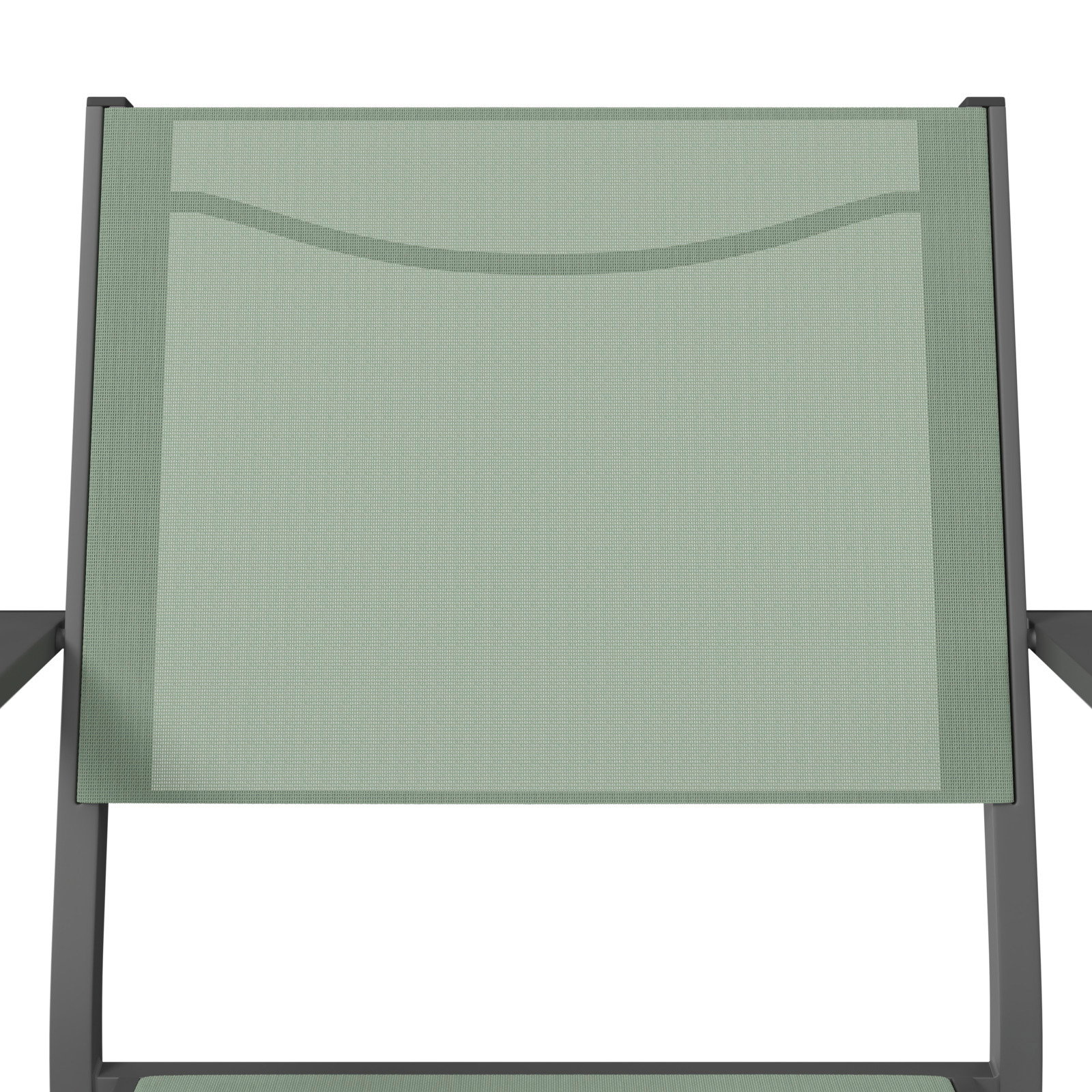 Vorderansicht eines grünen Stapelsessels mit Metallrahmen.