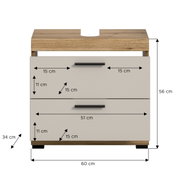 Frontansicht eines modernen Waschtischunterschranks in Weiß mit Holzplatte und zwei Schubladen mit schwarzen Griffen; Maße ca. 60 cm Breite, 56 cm Höhe und 34 cm Tiefe, mit Aussparung für den Siphon.