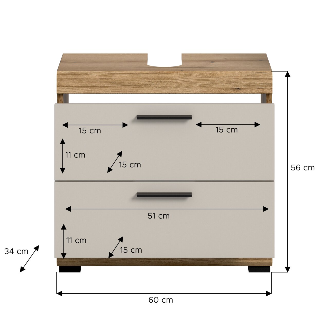 Frontansicht eines modernen Waschtischunterschranks in Weiß mit Holzplatte und zwei Schubladen mit schwarzen Griffen; Maße ca. 60 cm Breite, 56 cm Höhe und 34 cm Tiefe, mit Aussparung für den Siphon.