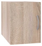 Holzfarbener Schrankaufsatz mit Tür und silbernem Griff, seitliche Perspektive