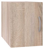 Holzfarbener Schrankaufsatz mit Tür und silbernem Griff, seitliche Perspektive