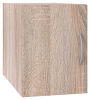 Holzfarbener Schrankaufsatz mit Tür und silbernem Griff, seitliche Perspektive