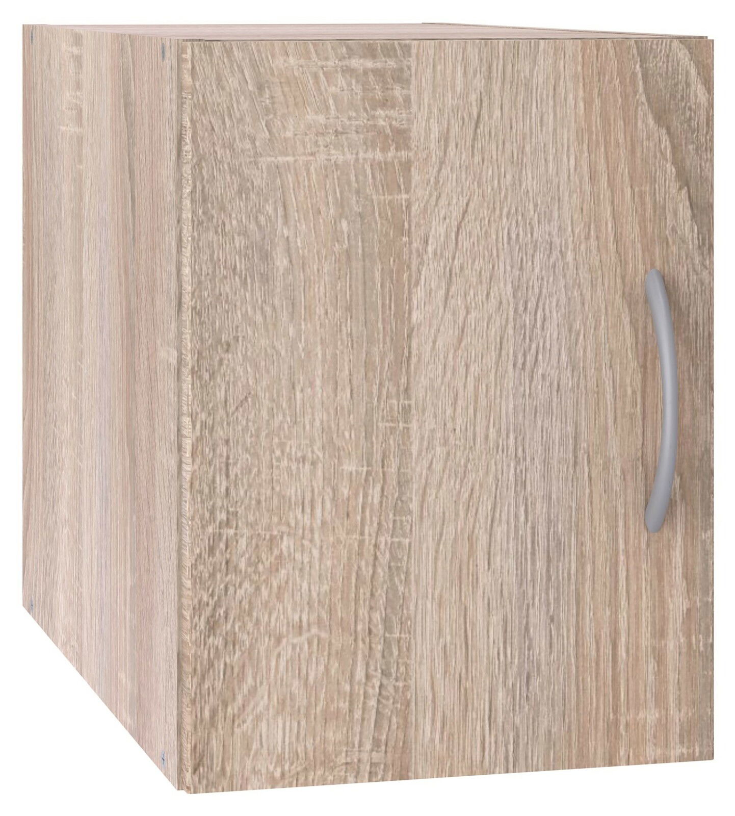 Holzfarbener Schrankaufsatz mit Tür und silbernem Griff, seitliche Perspektive