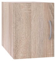 Holzfarbener Schrankaufsatz mit Tür und silbernem Griff, seitliche Perspektive