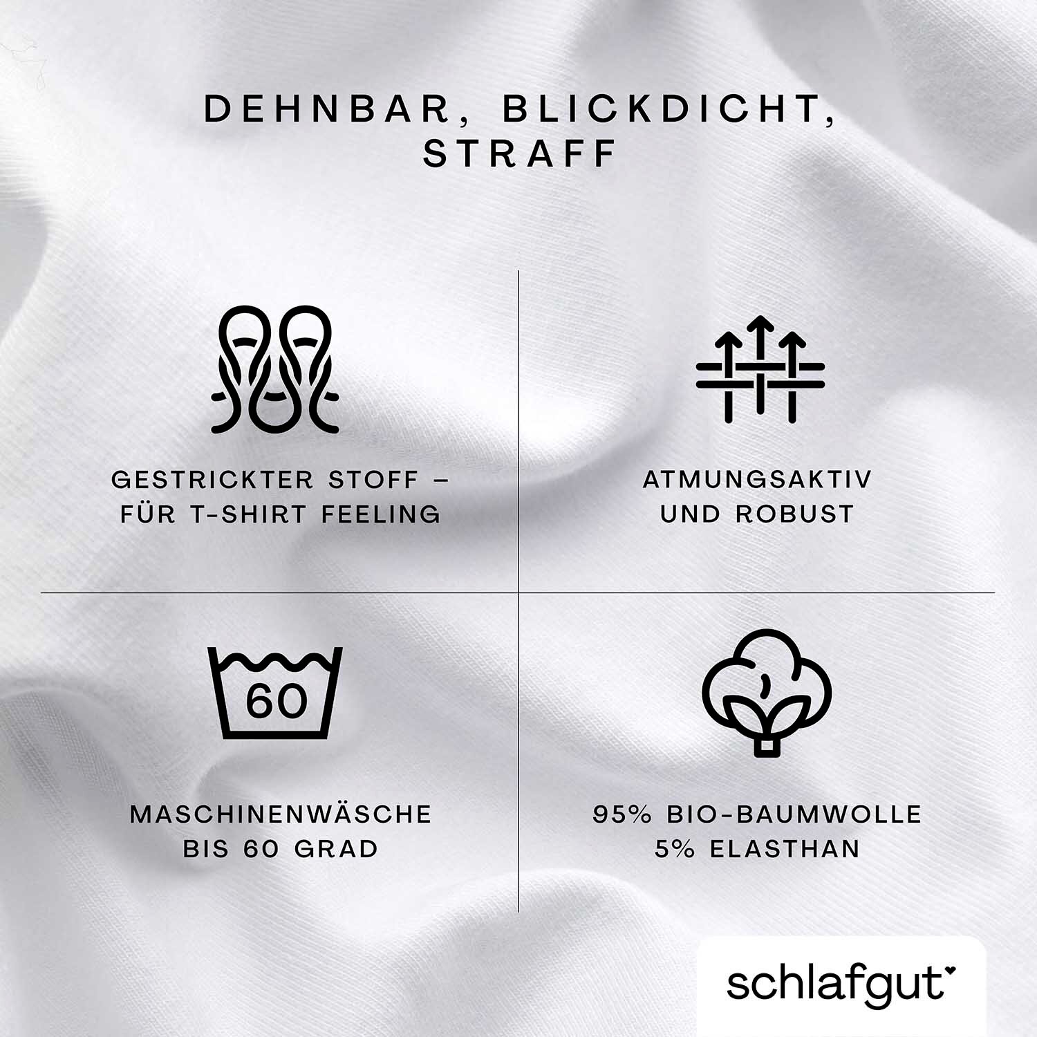 Spannbettlaken XL 101 aus dehnbarem, blickdichtem und straffem Material, bestehend aus 95% Bio-Baumwolle und 5% Elasthan, geeignet für Maschinenwäsche bis 60 Grad. Perspektive: Nahaufnahme des Stoffes mit Symbolen für Materialeigenschaften.