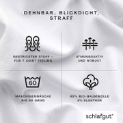 Spannbettlaken XL 101 aus dehnbarem, blickdichtem und straffem Material, bestehend aus 95% Bio-Baumwolle und 5% Elasthan, geeignet für Maschinenwäsche bis 60 Grad. Perspektive: Nahaufnahme des Stoffes mit Symbolen für Materialeigenschaften.