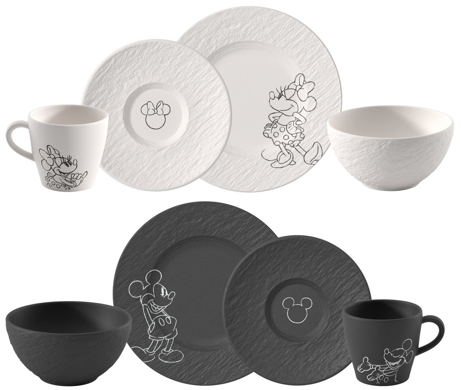 Disney Geschirrset in Schwarz und Weiß mit Tasse, Schale sowie großem und kleinem Teller, jeweils mit skizzenhaften Mickey- und Minnie-Motiven; Produktansicht von vorne in leicht schräger Perspektive.