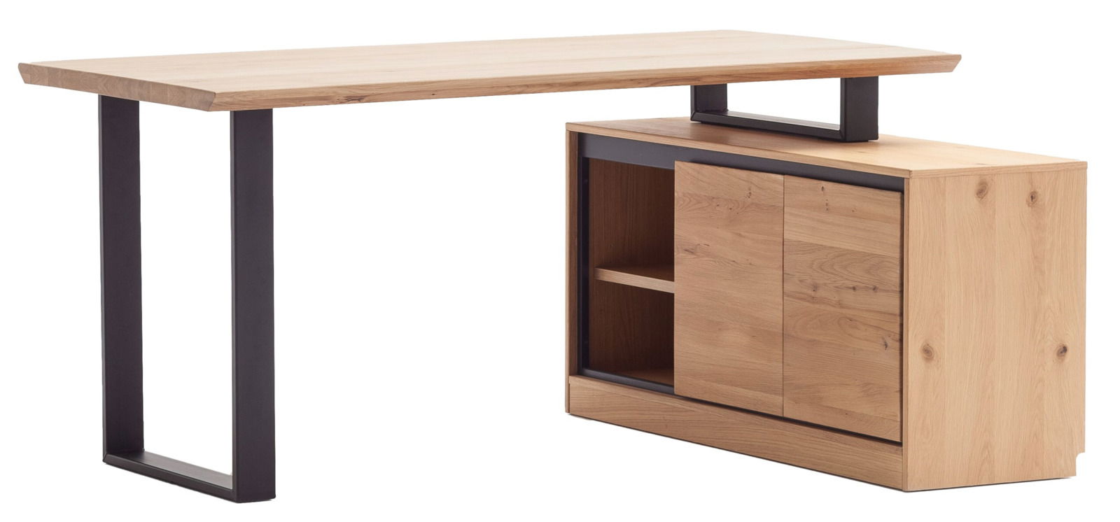 Winkelschreibtischkombination aus Holz mit schwarzem Metallgestell, seitliche Perspektive