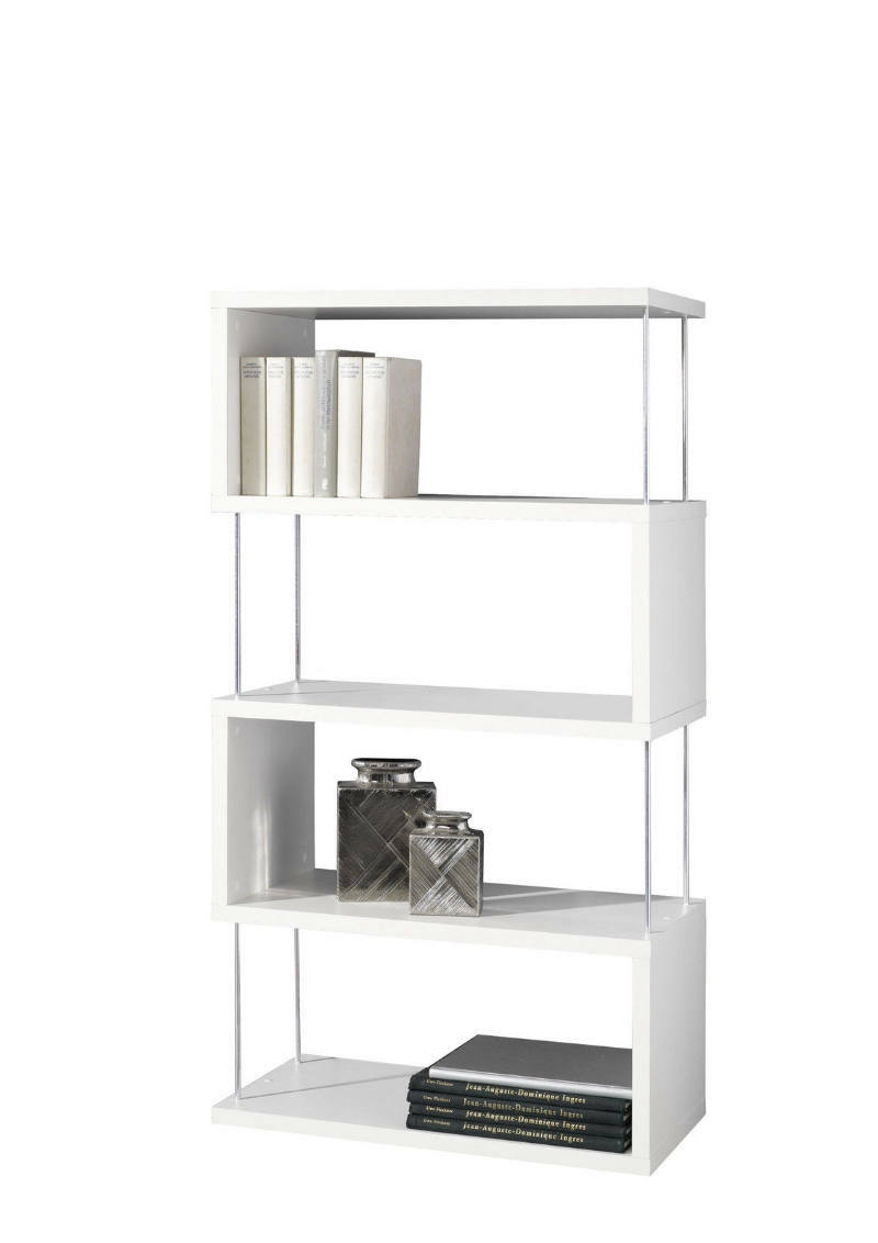 Weißes Standregal mit drei Ebenen, dekoriert mit Büchern und Vasen, seitliche Perspektive