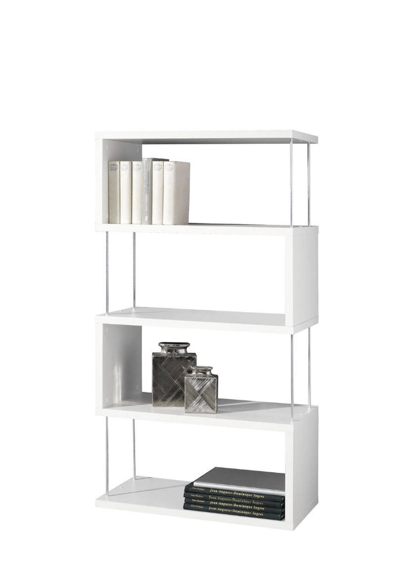 Weißes Standregal mit drei Ebenen, dekoriert mit Büchern und Vasen, seitliche Perspektive
