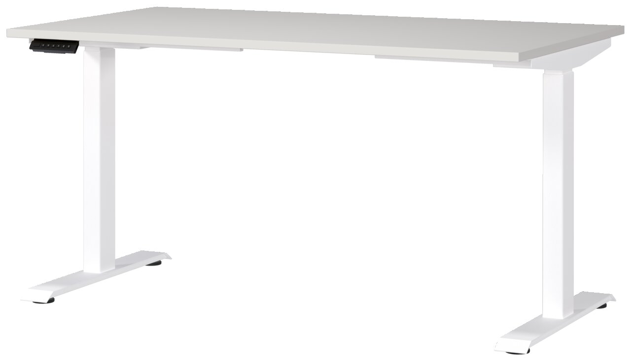 Moderner E-Schreibtisch 140x80 cm in Weiß, seitliche Perspektive