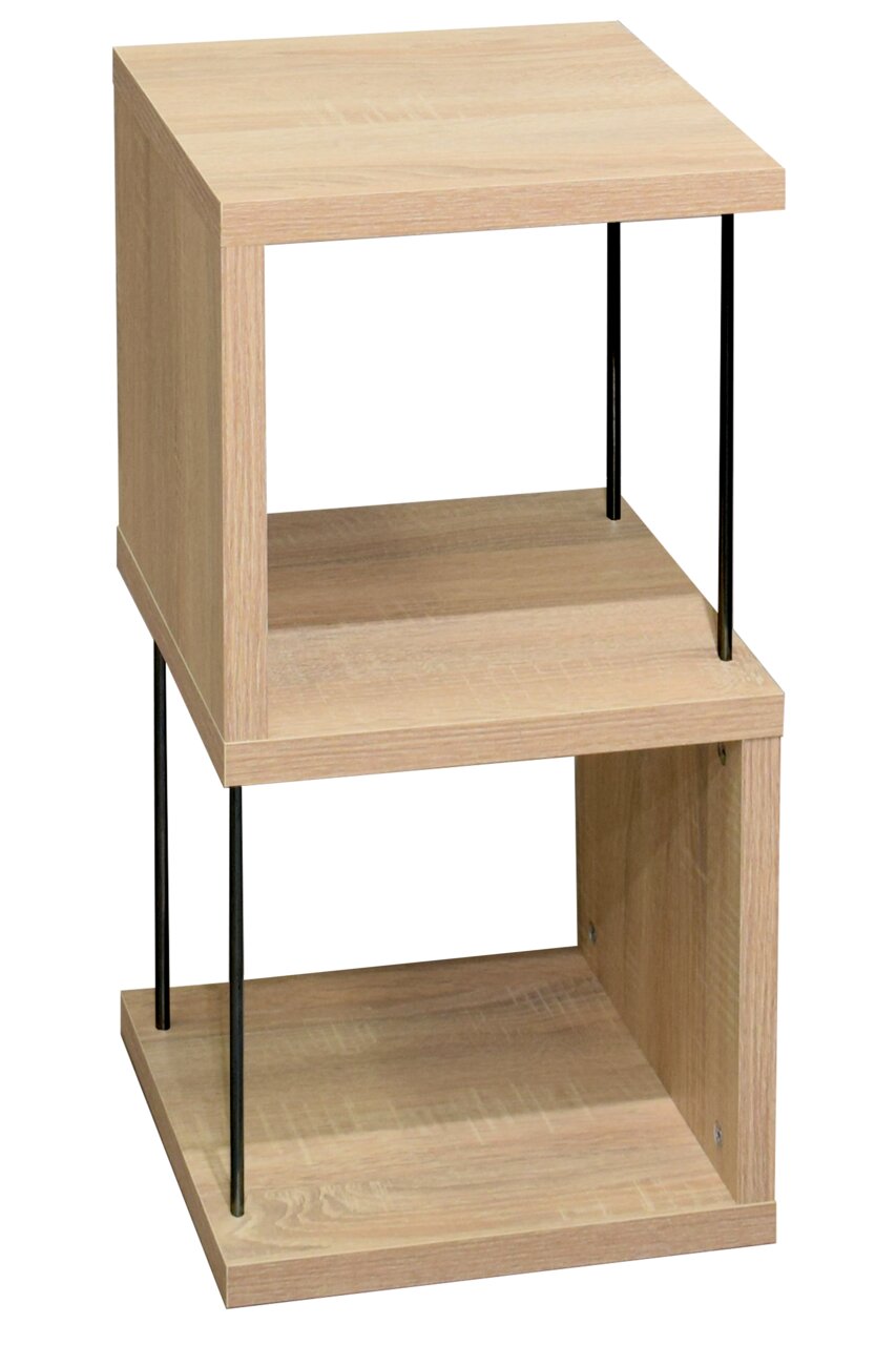Moderne staande boekenkast van licht hout met twee planken en zwarte metalen stangen, zijaanzicht