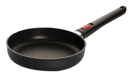 Flachpfanne EcoLite mit schwarzem Griff, seitliche Perspektive