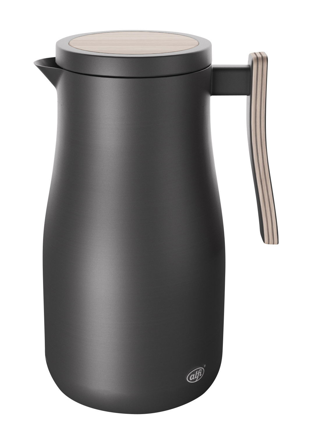 Schwarze Isolierkanne mit Holzgriff und Holzdeckel, seitliche Perspektive