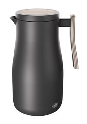 Schwarze Isolierkanne mit Holzgriff und Holzdeckel, seitliche Perspektive