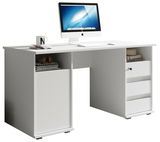 Moderner weißer Schreibtisch mit Schubladen und Regalfächern, darauf ein Computer und eine Tasse, seitliche Perspektive.