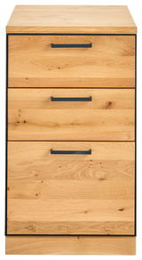 Frontansicht eines Anstellcontainers mit drei Schubladen aus Holz und schwarzen Griffen.