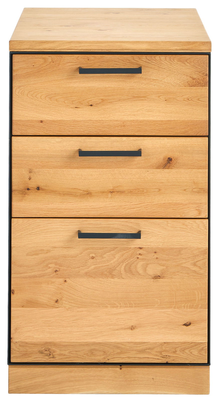 Frontansicht eines Anstellcontainers mit drei Schubladen aus Holz und schwarzen Griffen.