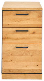 Frontansicht eines Anstellcontainers mit drei Schubladen aus Holz und schwarzen Griffen.