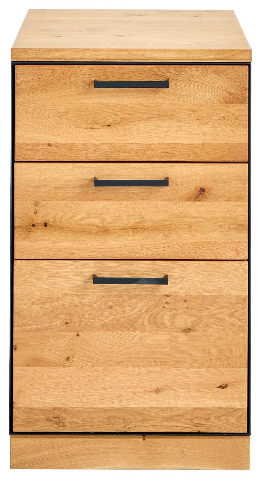 Frontansicht eines Anstellcontainers mit drei Schubladen aus Holz und schwarzen Griffen.