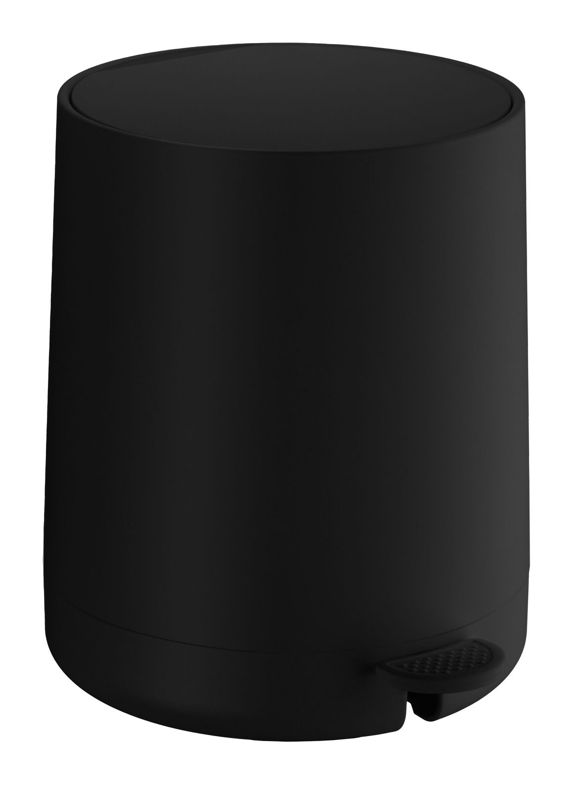 Schwarzer Kosmetikeimer aus Kunststoff mit Pedal, seitliche Perspektive